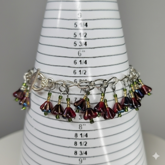 Bracelet 6.75" Beaded Charm Earrings Set Handmade Red Czech Glass Flower Dangle - Picture 9 of 11